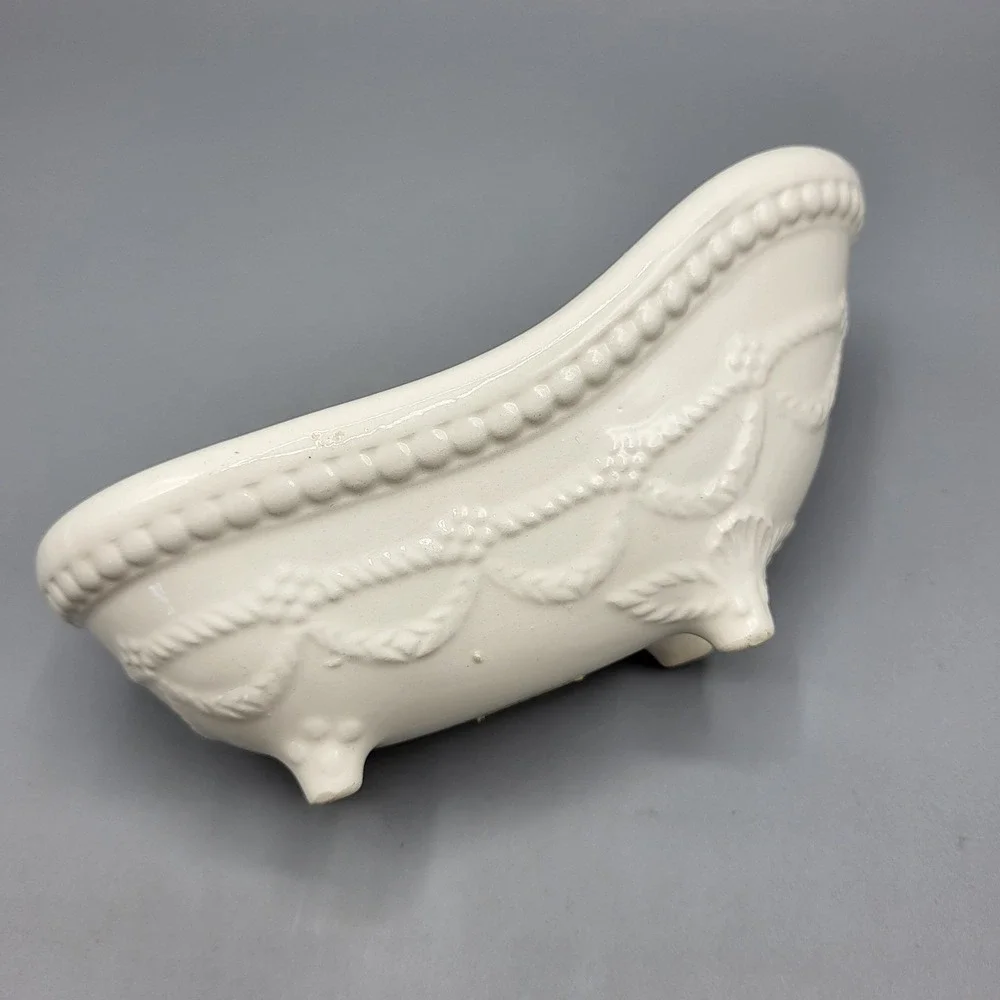 Vintage CCP NY Miniature Bathtub Soap Dish White Ceramic Embossed Made in Japan